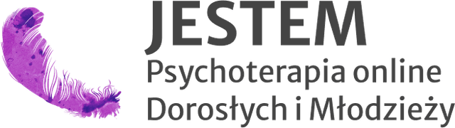 logo gabinetu psychoterapii: fioletowe pióro i napis: "Jestem - psychoterapia online dorosłych i młodzieży"