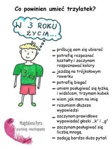 Co powinien umieć trzylatek? próbuję sam się ubierać, potrafię rozpoznać kształty i zaczynam rozpoznawać kolory, jeżdżę na trójkołowym rowerku, potrafię biegać, umiem posługiwać się łyżką i widelcem, trzymam kubek, wiem jak mam na imię, rozumiem dłuższe wypowiedzi, zaczynam prawidłowo wypowiadać głoski "k" i "g", zaczynam posługiwać się liczbą mnogą, zadaję bardzo dużo pytań