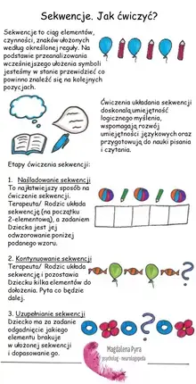 Sekwencje. Jak ćwiczyć? Sekwencje to ciąg elementów, czynności, znaków ułożonych według określonej reguły. Na podstawie przeanalizowania wcześniejszego ułożenia symboli jesteśmy w stanie przewidzieć co powinno znaleźć się na kolejnych pozycjach. Ćwiczenia układania sekwencji doskonalą umiejętność logicznego myślenia, wspomagają rozwój umiejętności językowych oraz przygotowują do nauki pisania i czytania. Etapy ćwiczenia sekwencji: 1. Naśladowanie sekwencji To najłatwiejszy sposób na ćwiczenie sekwencji. Terapeuta/ Rodzic układa sekwencję (na początku 2-elementową), a zadaniem Dziecka jest jej odwzorowanie poniżej podanego wzoru. 2. Kontynuowanie sekwencji Terapeuta/ Rodzic układa sekwencję i pozostawia Dziecku kilka elementów do dołożenia. Pyta co będzie dalej. 3. Uzupełnianie sekwencji Dziecko ma za zadanie odgadnięcie jakiego elementu brakuje w ułożonej sekwencji i dopasowanie go.